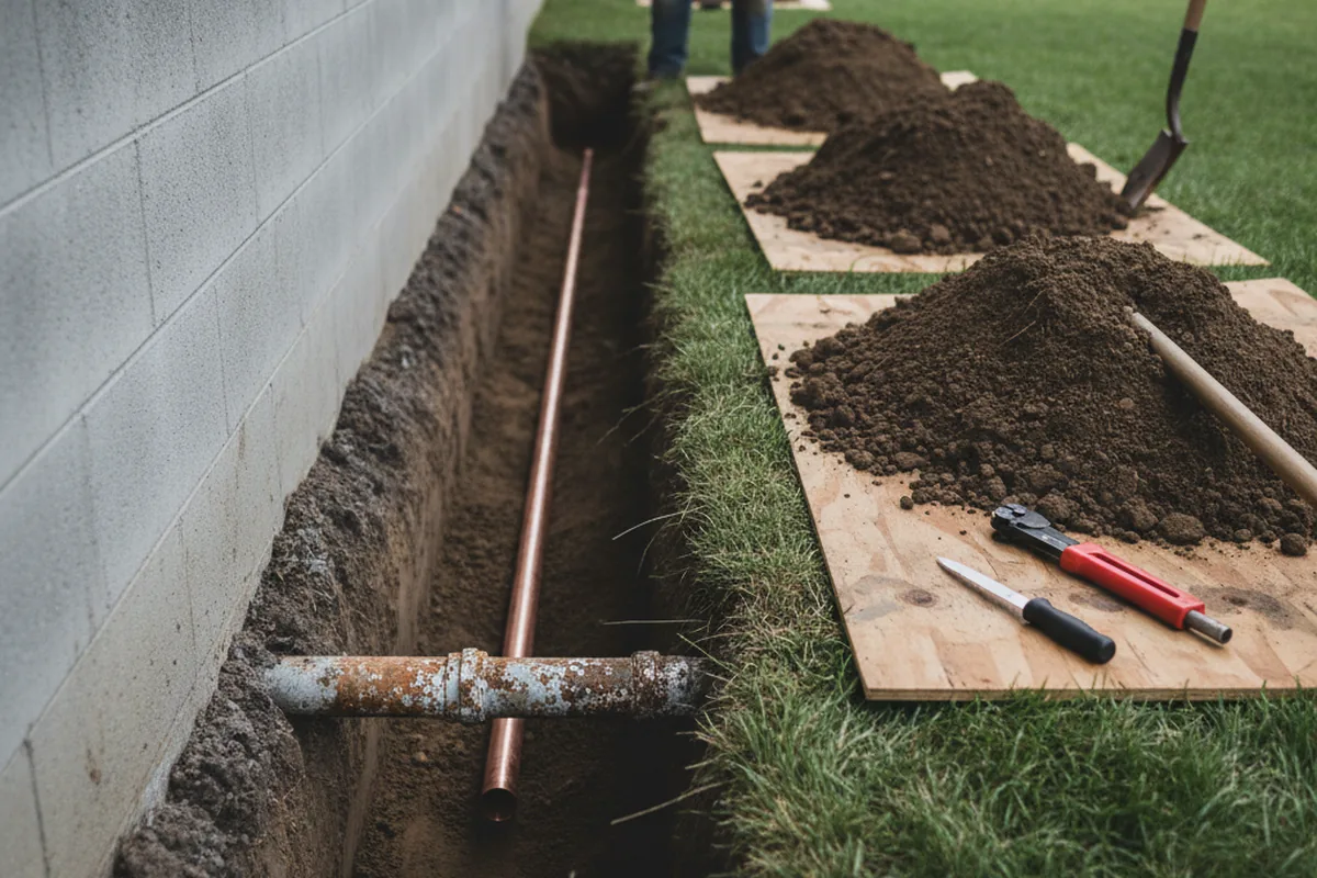 Excavated water line trench during Water Heater Repair in Landis